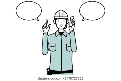 Female engineer in helmet and work wear pointing while on the phone, Vector Illustration