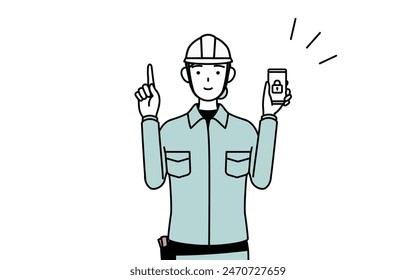 Female engineer in helmet and work wear taking security measures for her phone, Vector Illustration