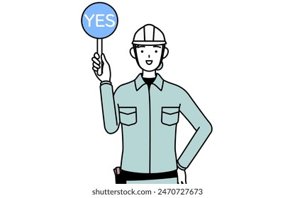 Female engineer in helmet and work wear holding a maru placard that shows the correct answer, Vector Illustration