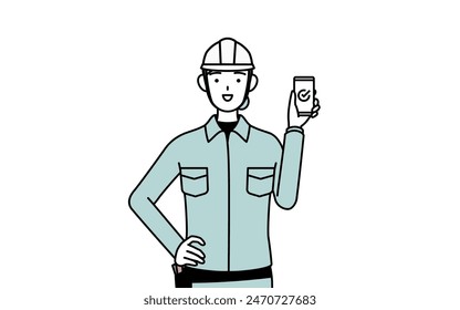 Female engineer in helmet and work wear using a smartphone at work, Vector Illustration