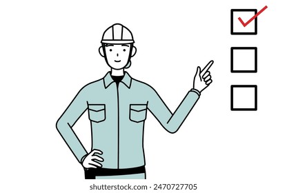 Female engineer in helmet and work wear pointing to a checklist, Vector Illustration