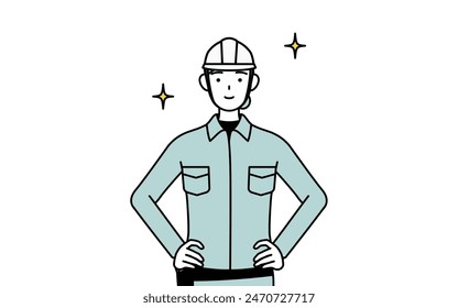 Female engineer in helmet and work wear with her hands on her hips, Vector Illustration