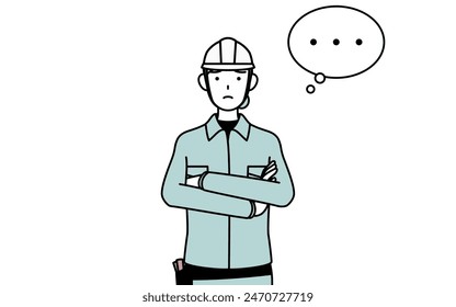 Female engineer in helmet and work wear with crossed arms, deep in thought, Vector Illustration