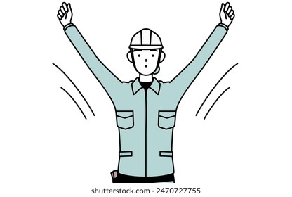 Female engineer in helmet and work wear doing radio calisthenics, preparation for accident prevention, Vector Illustration