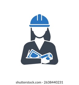 female engineer holding blueprints with hard hat icon