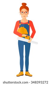 A female engineer holding a hard hat and a twisted blueprint in hands vector flat design illustration isolated on white background. Vertical layout.