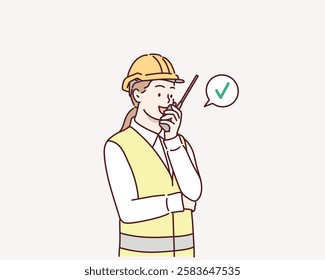  female engineer holding walkie-talkie to talk to the foreman at a construction site. Hand drawn style vector design illustrations.