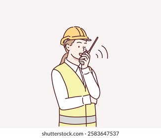 female engineer holding walkie-talkie to talk to the foreman at a construction site. Hand drawn style vector design illustrations.