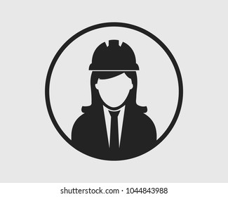 Female Engineer Icon with circle shape . Women  symbol with helmet on head.