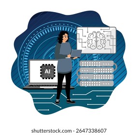 Uma engenheira com um notebook que trabalha com inteligência artificial e infraestrutura de dados. Atualização de servidores com sistemas de tecnologia do cérebro.