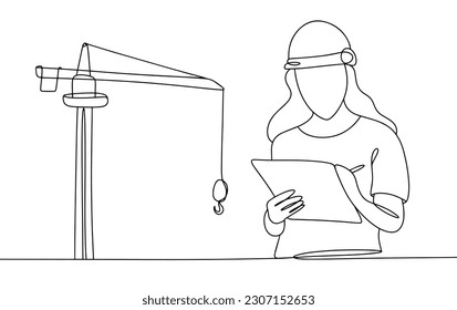 Una ingeniera hace notas en un documento. Detrás de ella hay una grúa de construcción. Día Internacional de la Mujer en la Ingeniería. Un dibujo de línea para diferentes usos. Ilustración vectorial.