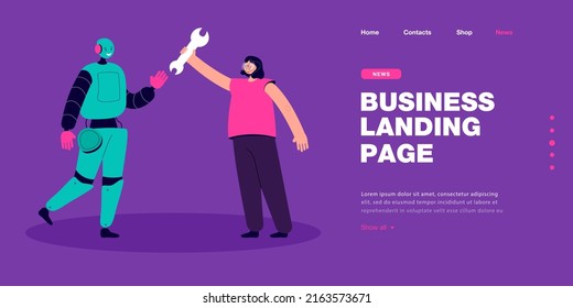 Female engineer or mechanic with wrench making friendly robot. Robotic character waving at woman flat vector illustration. Modern robots, technology, AI concept for banner or landing web page