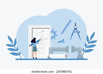 Female engineer pipeline design and creation 2d vector illustration concept for banner, website, illustration, landing page, flyer, etc