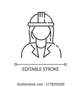 Female engineer pixel perfect linear icon. Professional constructor in safe helmet. Thin line customizable illustration. Contour symbol. Vector isolated outline drawing. Editable stroke