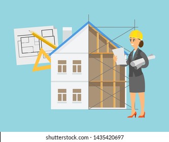 Female engineer with planning for building vector, house with floors and unfinished design, lady wearing helmet and looking at papers with schemes