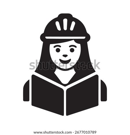 Female Engineer Reading Manual Icon | Worker in Safety Helmet, Construction Education Vector | Female Construction Worker Vector