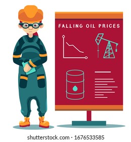 Female engineer reports on white isolated backdrop. Falling oil prices for financial or web news site, infographics template. Business poster or info card. Cartoon style stock vector illustration