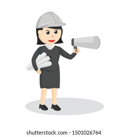 Female engineer With roll paper and Megaphone