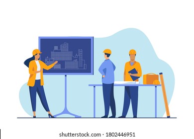 Female engineer standing near chalkboard explaining project. Draft, building, worker flat vector illustration. Construction and architecture concept for banner, website design or landing web page