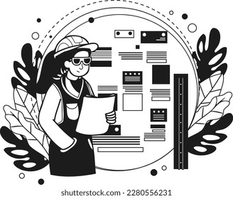 Female engineer supervising construction work illustration in doodle style isolated on background