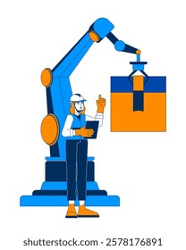 Female engineer supervising robotic packaging arm 2D cartoon character. Industrial automation. Hardhat woman worker managing robot isolated person flat vector on white. Spot illustration colorful