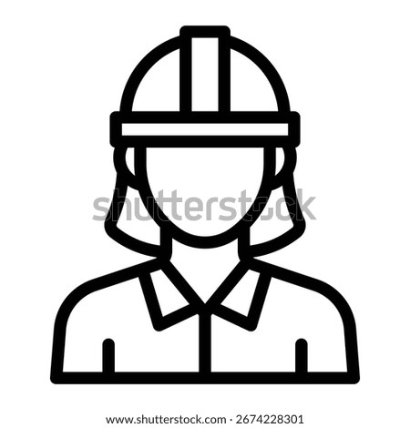 Female engineer vector icon. Black outline woman wearing safety helmet symbol for construction, architecture, or technical profession design.