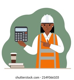 Female engineer in a white construction helmet and orange vest with a calculator. Vector flat illustration