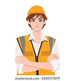 Female Engineer in white Hard hat folded arms. Flat Vector Illustration Isolated on White Background