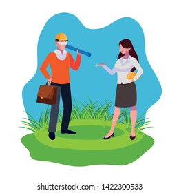 female engineer worker with architect on the lawn