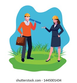 female engineer worker with architect on the lawn