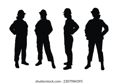 Female engineers and architects standing in different position silhouette set vectors. Girl engineers with anonymous faces. Architects wearing uniforms silhouette collection. Engineer girl silhouette.