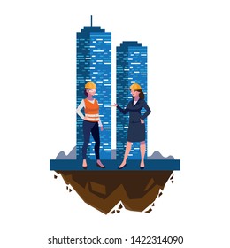 female engineers builders workers with building