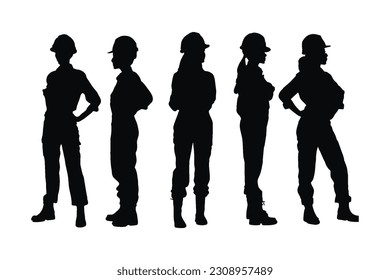 Weibliche Ingenieure stehen in verschiedenen Positionen Silhouette Set Vektor. Moderne Mädchenarbeiter mit anonymen Gesichtern Silhouette. Ingenieure, die Uniformen tragen. Handyman-Silhouette auf weißem Hintergrund.