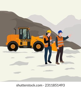 Female engineers and the worker are controlling the mineral mining site vector illustration