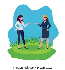 female engineers workers characters on the lawn