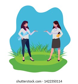 female engineers workers characters on the lawn