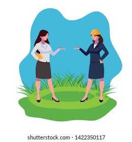 female engineers workers characters on the lawn
