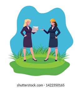 female engineers workers characters on the lawn