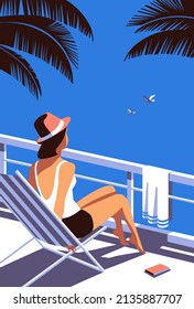 Las mujeres disfrutan de unas vacaciones tropicales. Vista panorámica del cielo azul del océano, paisaje natural de verano de la costa. Ilustración de viajes de vacaciones por mar. Vela marítima relajación afiche de vector turístico