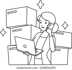 Female Entrepreneur Busy Work and Contact to Coordinate the Delivery of Goods from the Warehouse Illustration Scene Concept.