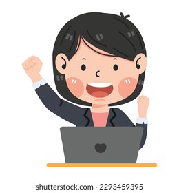 Female entrepreneur excited hold fist hand up gesture with laptop cartoon