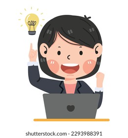Female entrepreneur excited hold fist hand up gesture with laptop cartoon