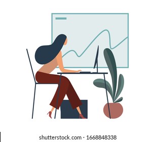 Female entrepreneur in formal wear sitting at desk and browsing computer near potted plant and board with graph during work in contemporary workplace