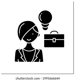 Female entrepreneur glyph icon.Starts own business, especially when this involves seeing new opportunity. Profitable startup.Successfully woman.Filled flat sign.Isolated silhouette vector illustration