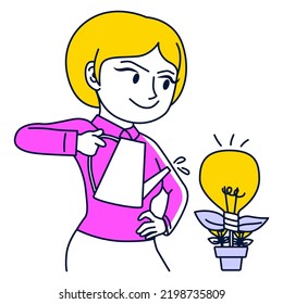 Female entrepreneur growing creative project, watering plant with lightbulb. Flat vector illustration of business ideas and innovations growth concept isolated on white background