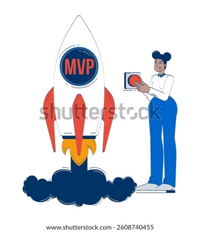 Female entrepreneur launching MVP startup rocket doodle illustration concept. Start-up founder pressing button minimum viable product cartoon 2D character isolated on white. Hand drawn vector metaphor