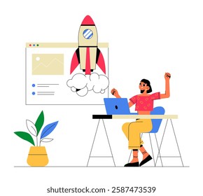 Female Entrepreneur Launching a Startup, Excited Woman Working on Laptop With Rocket Illustration. Flat Vector About Business Growth, Innovation, and Success, Isolated on White Background