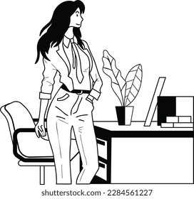 female entrepreneur with office desk illustration in doodle style isolated on background