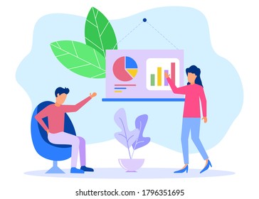 Female entrepreneur presenting assignment projects to colleagues. He shows graphs and pie charts. Colleagues give an assessment on the presentation. Vector illustration of a business concept.