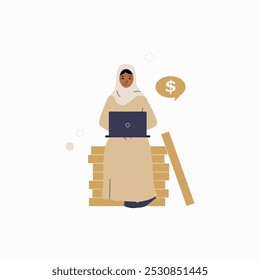 Empresária sentada na pilha de dinheiro usando um laptop em uma ilustração vetorial plana simbolizando riqueza, sucesso financeiro e empreendedorismo digital, isolada sobre fundo branco.